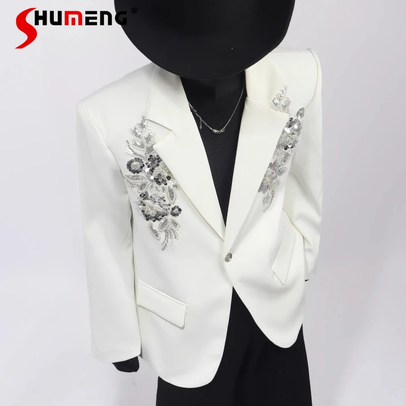 

2025 Autumn High-End Men's Light Luxury Tailored Coats Three-Dimensional Embroidered Sequin Blazers Solid Color Suit Jackets