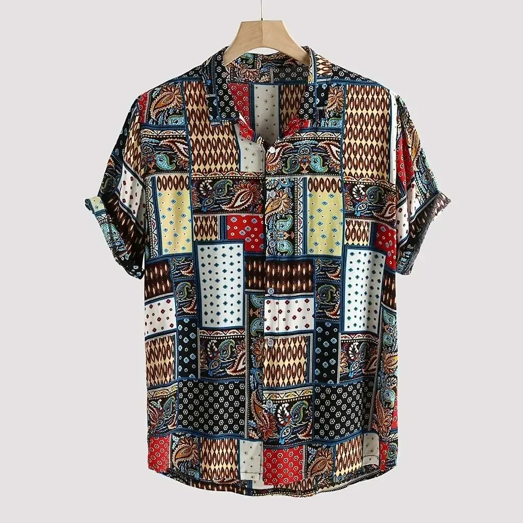 

Men's summer beach shirt Boho Print linen short sleeve men's casual loose shirt top Hawaiian men's short sleeve shirt