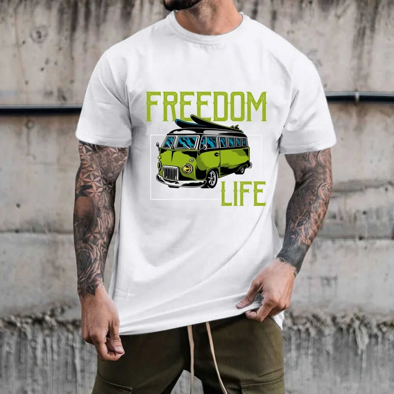 Vintage Surf Bus & 'FREEDOM LIFE' Heat Transfer White Ink Iron - on Design, Trendy Casual Style, Suitable for T - shirts/Canvas