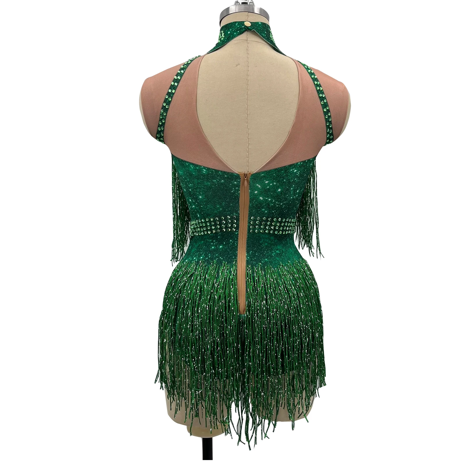 Women's Sparkly Green Rhinestones Tassel Bodysuit Glitter Fringed Bathing Suit Clubwear Nightclub Singer Stage Costume