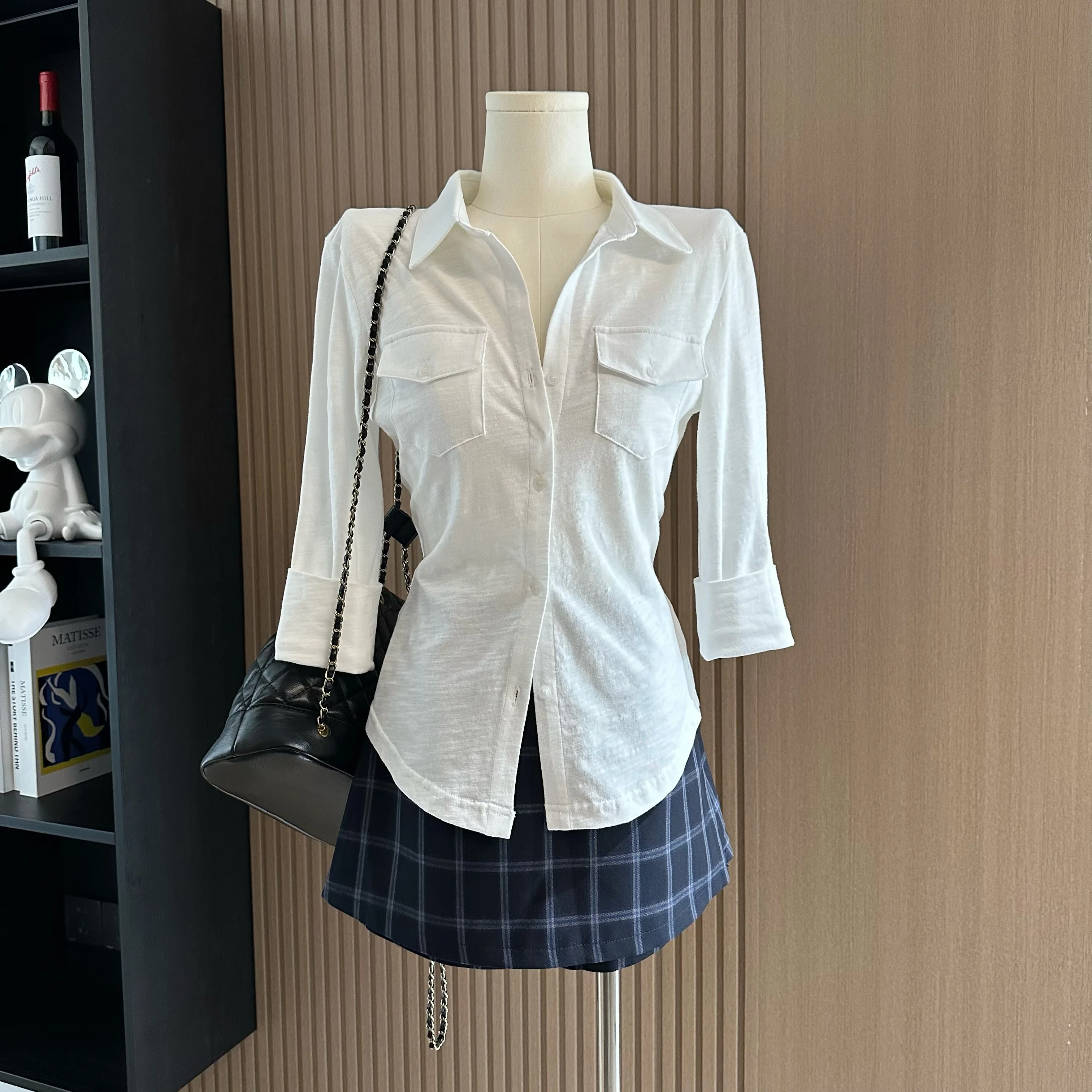 

Women's White Polo Neckline Two Pocket Waist Shirt Commuting Girl Daily Korean Fashion 2000s Kpop New Long-Sleeved Top Clothing