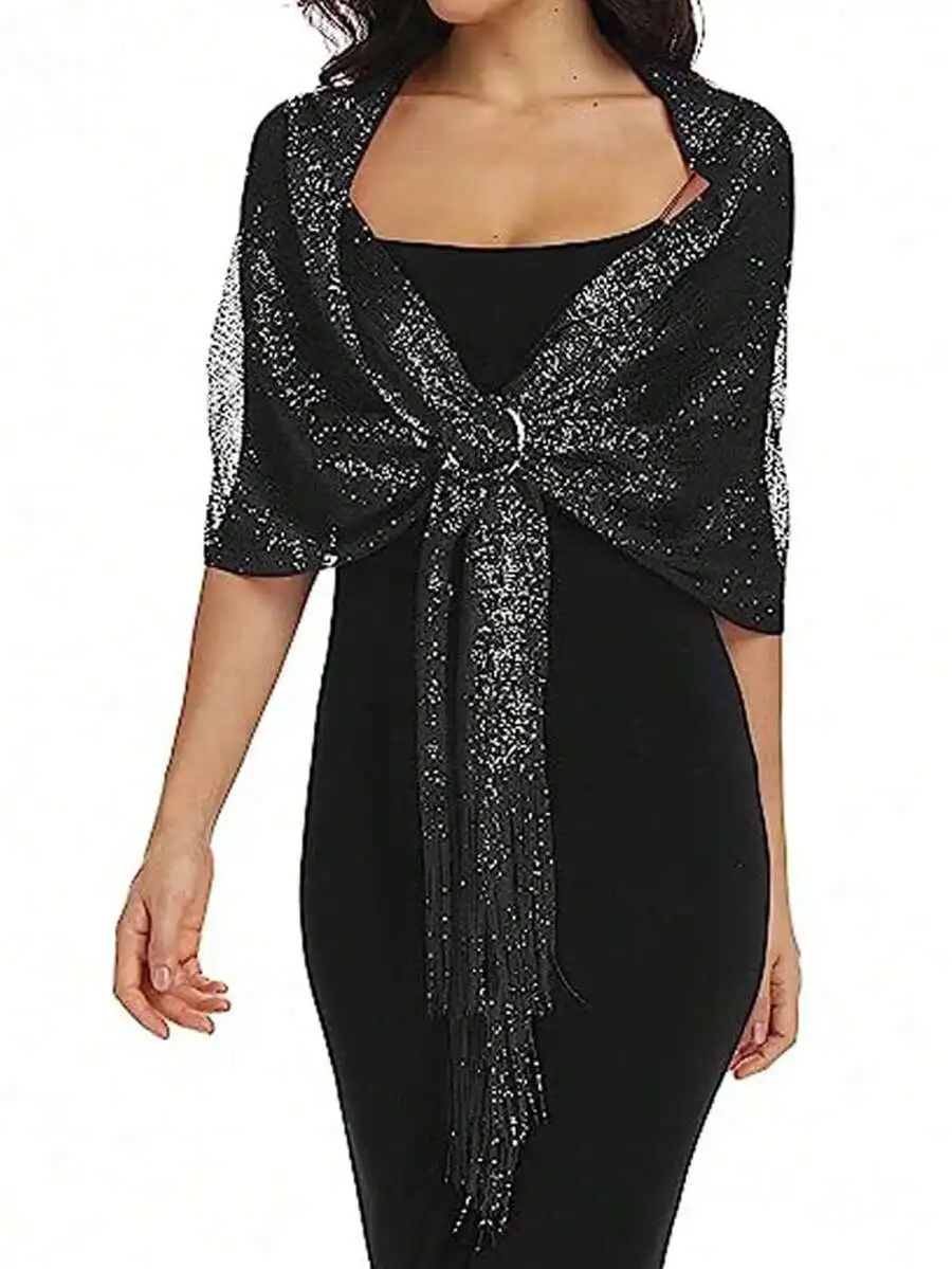 1pc Shiny Gold Thread Flat Scarf With Buckle, Perfect For Brides, Proms, Graduation Parties As Shawl Or Wrap Party