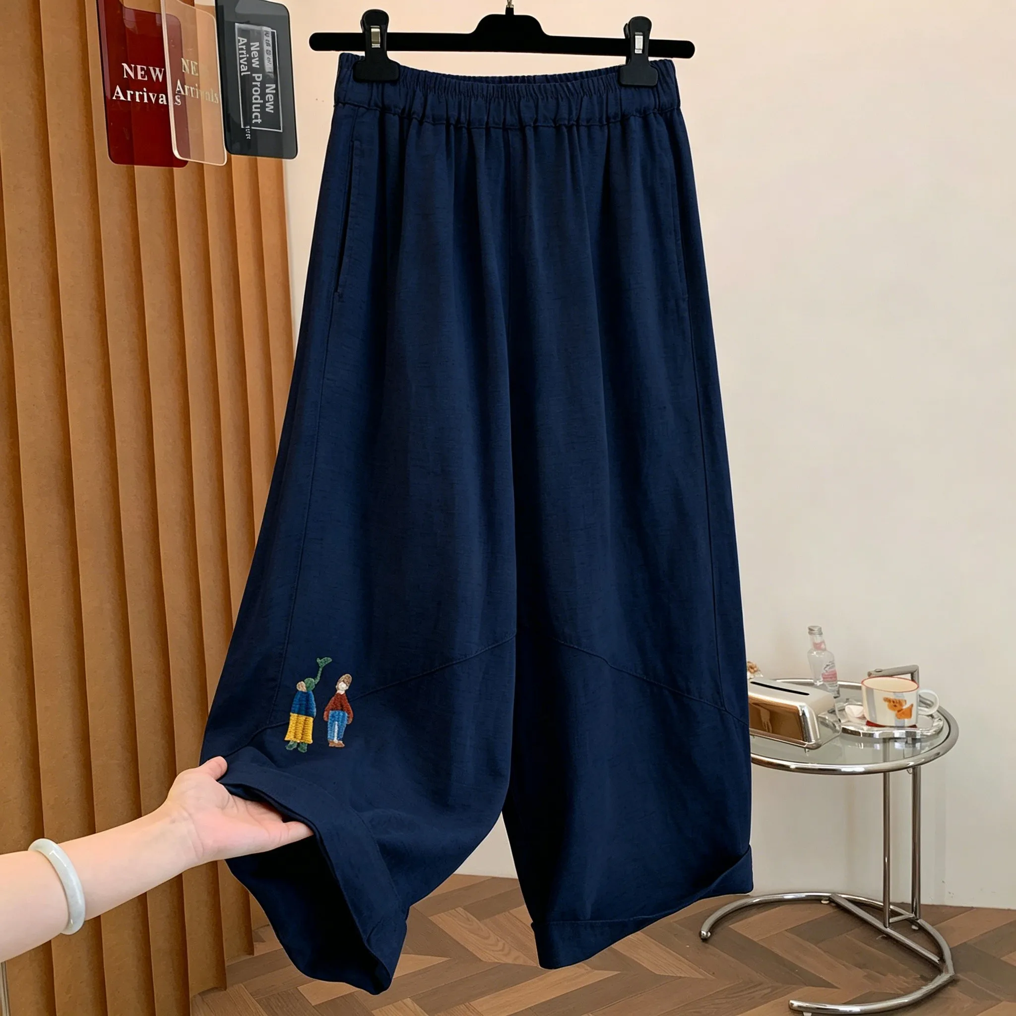 Creative Cartoon Embroidery Linen Wide Leg Pants Nine Points Casual Loose plus Size Breathable Summer Fashion Ladies Trousers