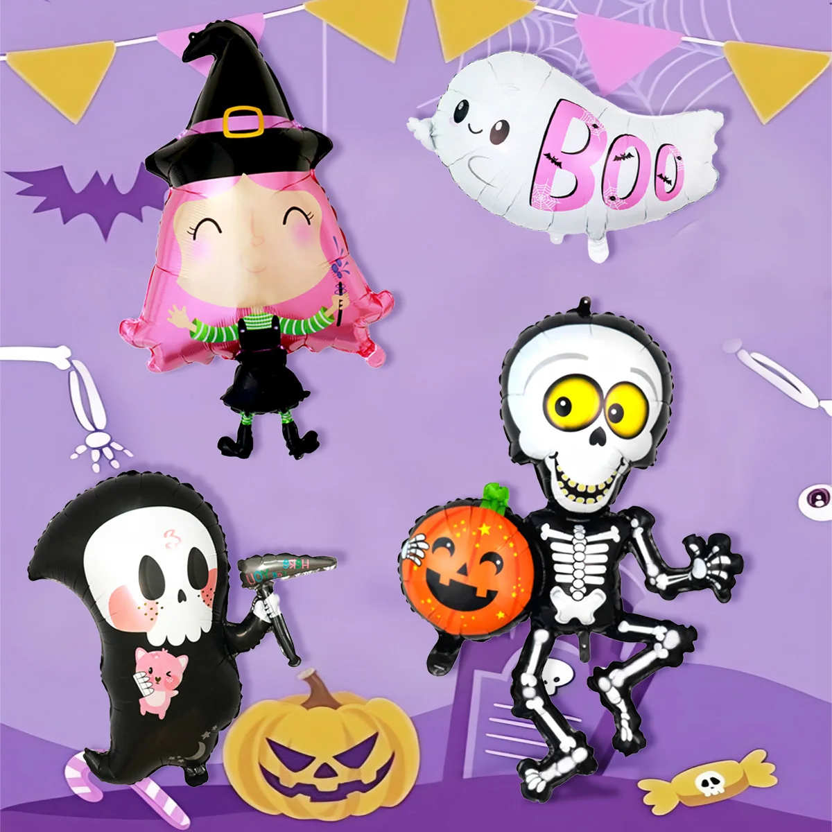 1/4-teiliges Halloween-Ballon-Set, inklusive Hexe, Totenkopf, Kürbis, Geisterballons, geeignet für Halloween-Party-Dekoration