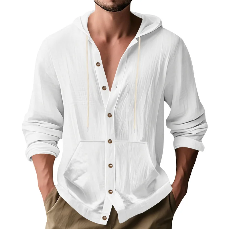 Spring Autumn American Simple Linen Hooded Long Sleeve Shirts for Men, Loose Beach Casual Tops Wholesale