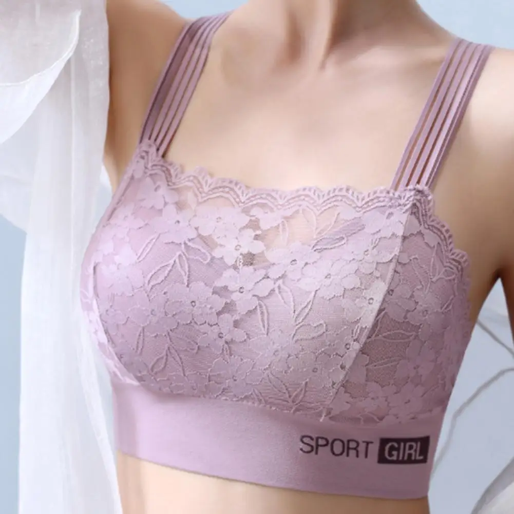 Women Bra Wide Shoulder Strap Hollow Out Floral Pattern Lace Seamless Bandeau Anti-exposure Maximum Comfort Shockproof Push-up A