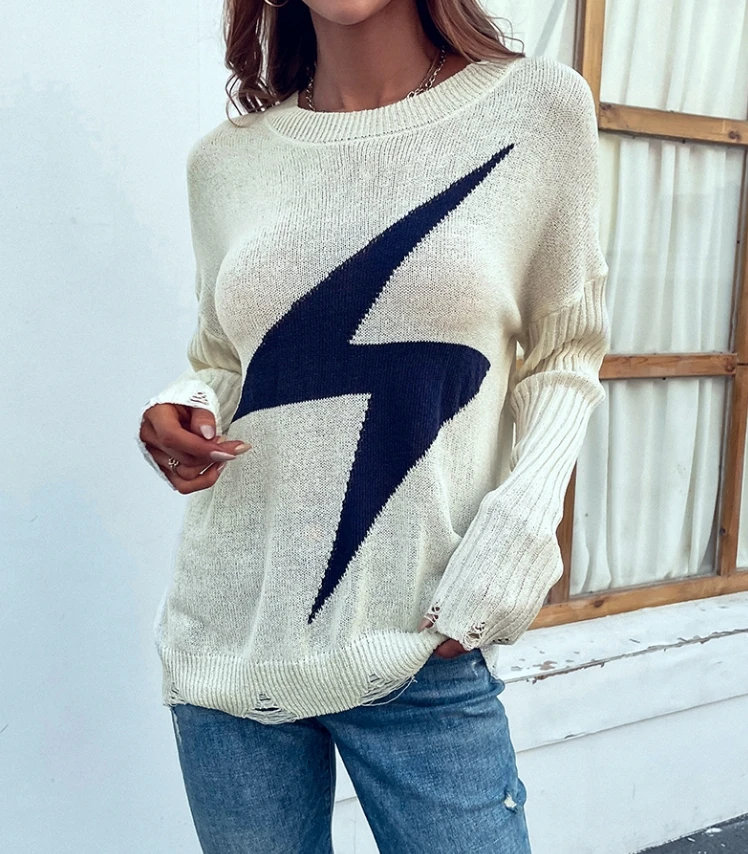 Women's Literary Retro Pullover 2025 Autumn Winter Latest Round Neck Piercing Lightning Long Sleeves Knitted Top Loose Hooded