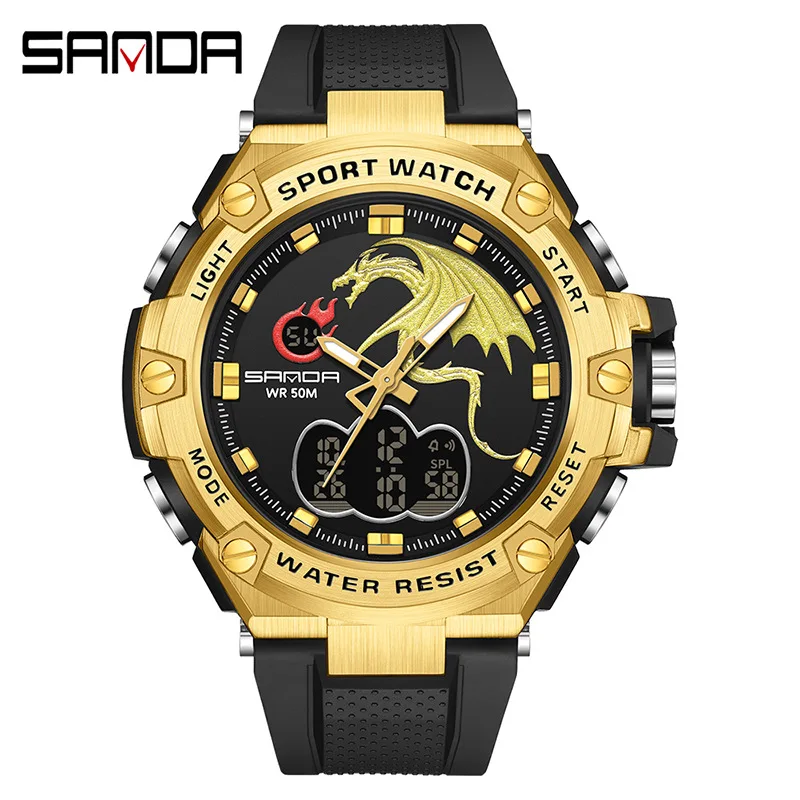 SANDA 3171 Fashion Men's Electronic Wristwatch Luminous Creative Dragon Dial Waterproof Calendar Casual Sports Digital Watches