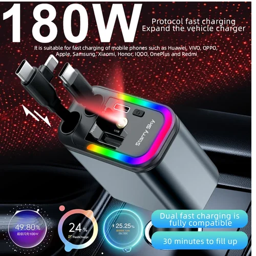 Imagen 1 del producto Cargador rápido para coche 5 en 1, 180W, adaptador de corriente USB tipo C, cargador de teléfono retráctil con luz de estrellas de techo para teléfonos IOS y Android