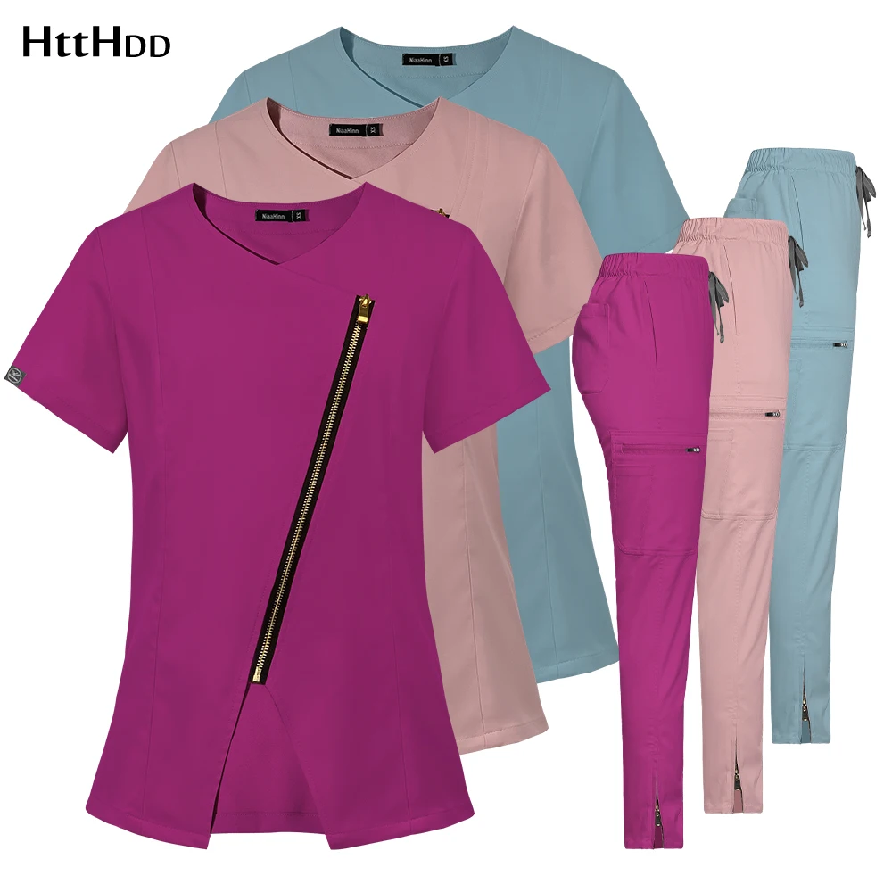 

Women Medical Nurse Workwear Scrub Uniform Operating Room Tops and Pants Fashion Groomers Pet Veterinary Zipper Healthcare Sets