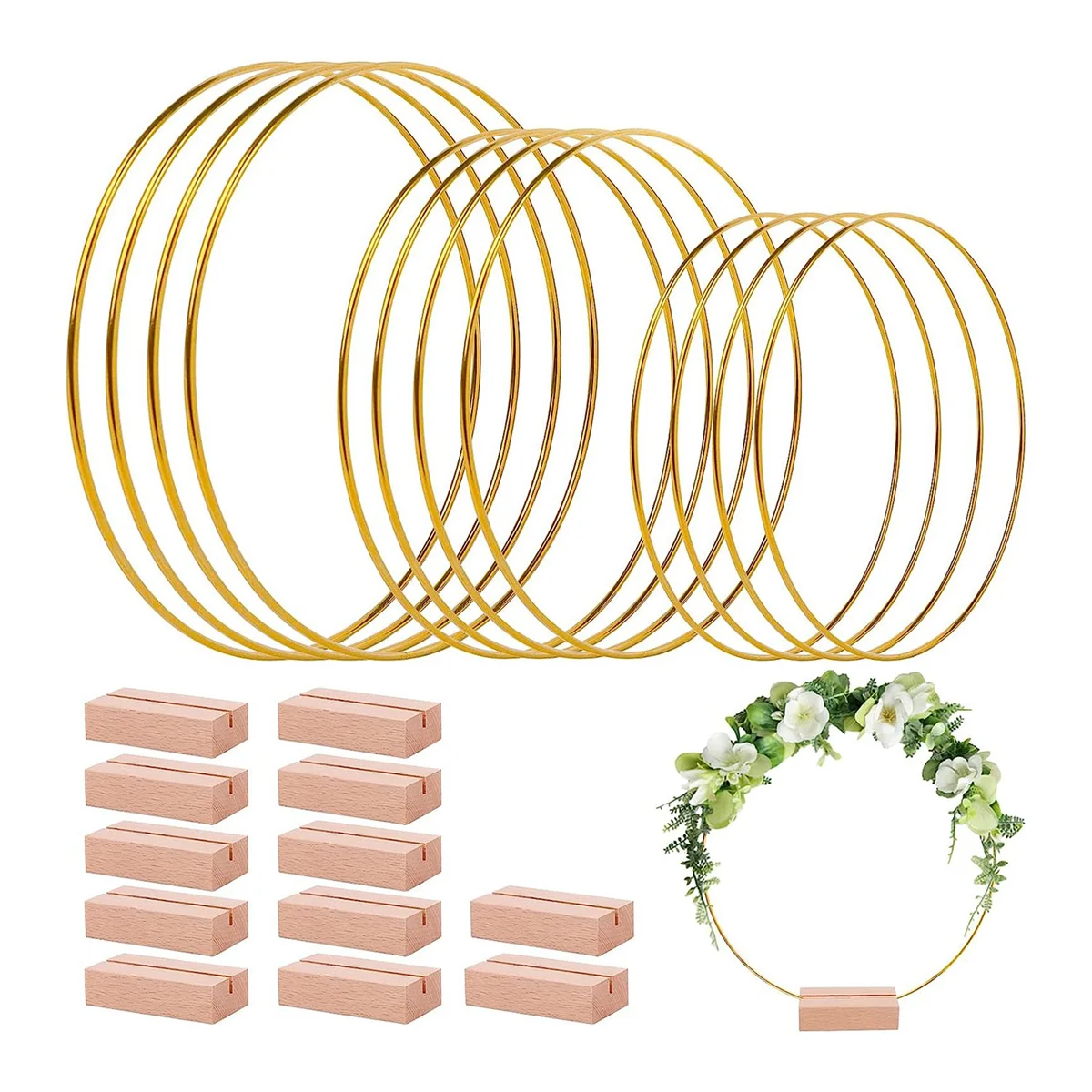 

12 Pack Metal Floral Hoops, Floral Hoop Centerpiece with 12 Pack Wood Place Card Holders, Wreath Macrame (8/10/12 Inch)