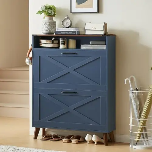 Shoe Cabinet Storage for Entryway with 2 Flip Drawers 2 Hook | Open Storage Layer Rack Narrow Organizer Slim Hidden