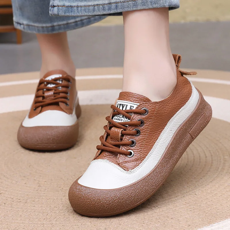 Soft Shoes Woman Flats Round Toe Female Moccasin Casual Sneaker All-Match Dress Grandma Retro Genuine Leather Comfortable Lace-U