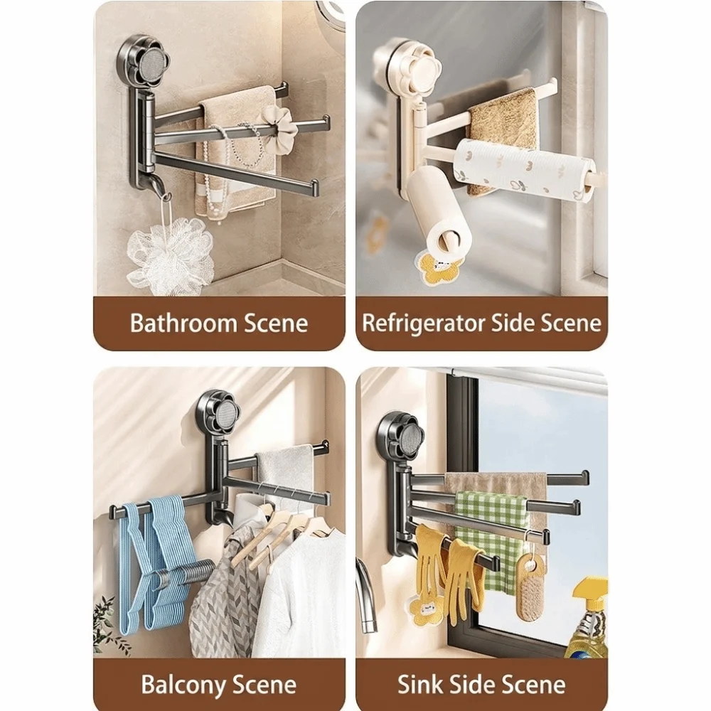 Multi-Rod Suction Cup Towel Rack Rotating Wall Mounted Towel Hanger 3/4-Bar Waterproof Bath Towel Holder Kitchen