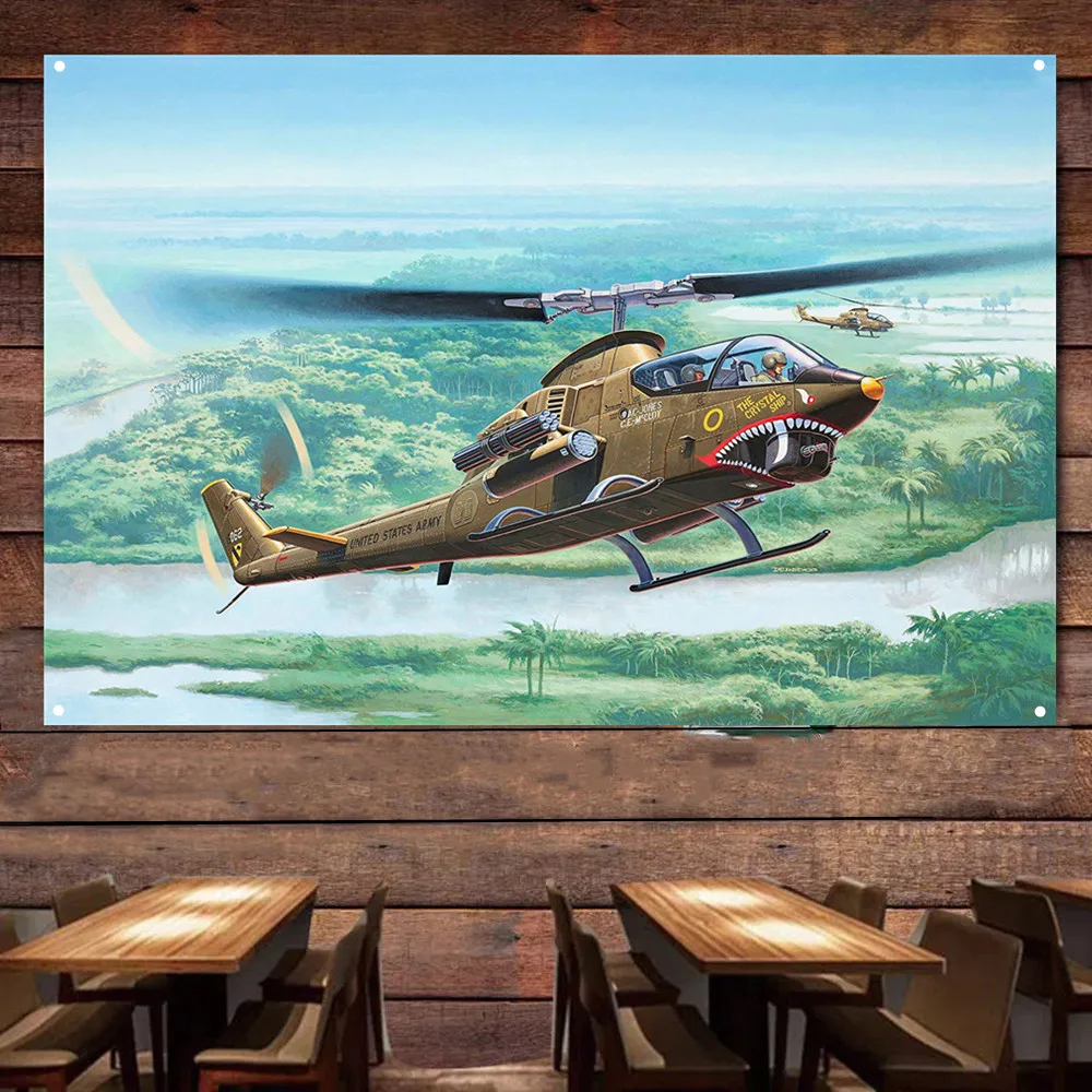 AH-1G Cobra Attack Helicopter Picture Flag, Air Force Wall Art Poster Artwork Banner With 4 Metal Ring Buckles Ready to Hang