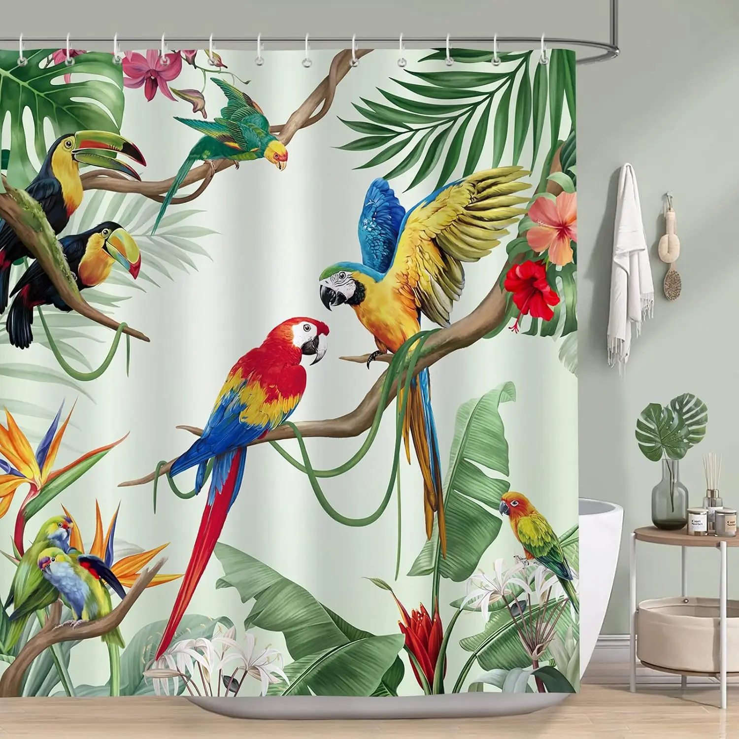 Tropical Birds Shower Curtain Bathroom Parrot Bird Leaf Decorative Shower Curtain Polyester Fabric Waterproof Bathroom Curtain