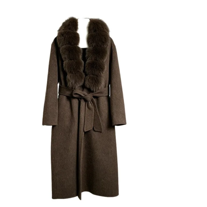2026 High-quality Double-sided Wool Coat Women's X-long Overcoat Autumn Winter Real Fox Fur Collar Outerwear Streetwear Coats
