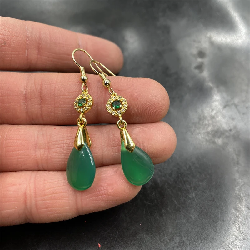 Inlaid Chalcedony Women, Double-Sided Green Agate Drop Dangle Earrings