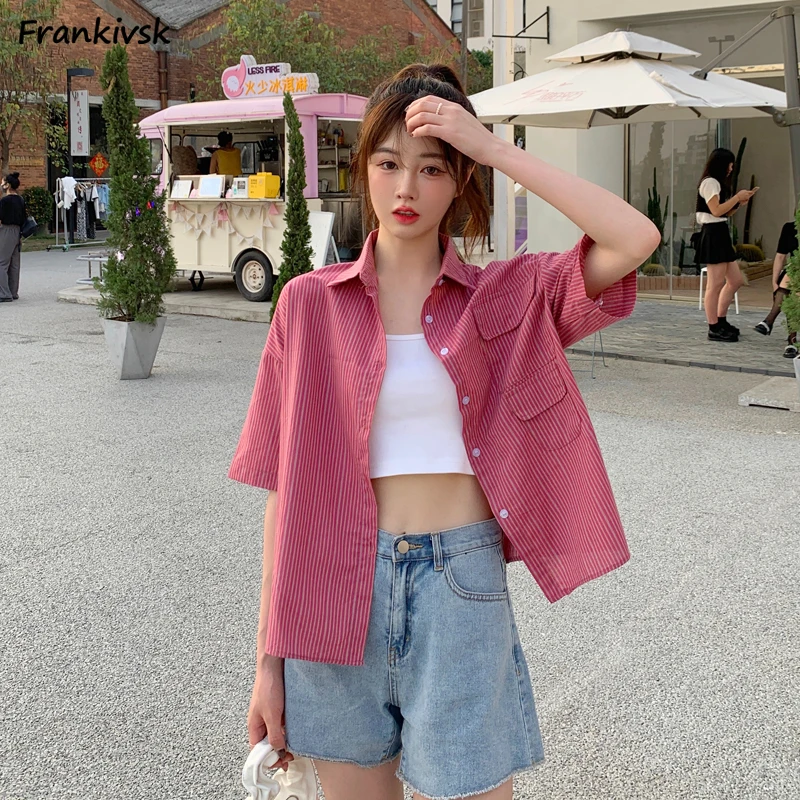 Shirts Women Casual Pockets All-match Turn-down Collar Fashion Single Breasted Thin Loose Summer Comfortable Breathable Students