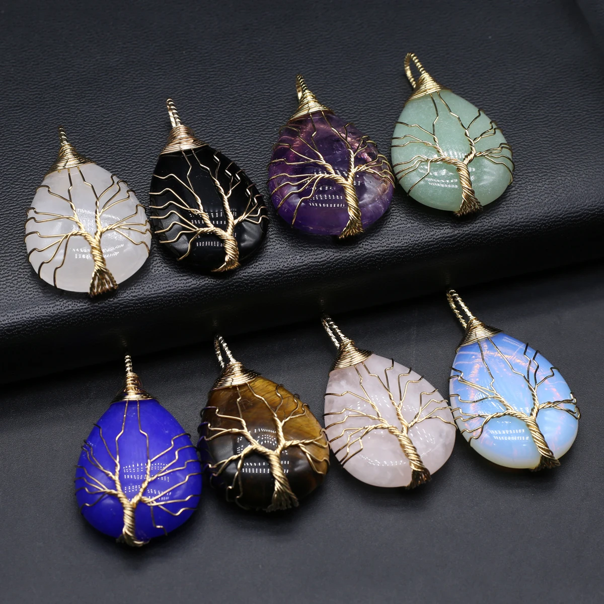 1pc 45x25mm Teardrop Tree of Life Pendant Mix-color Natural Stone Crystal Agate Charms for Jewelry Making DIY Necklace Accessory