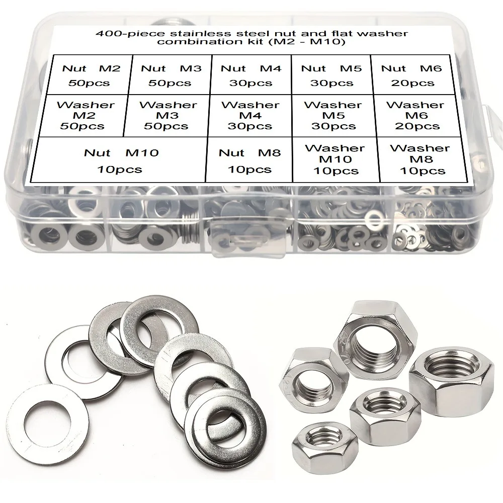400-Piece Set - 200 Stainless Steel Nuts and 200 Flat Washers Combination Kit (M2 - M10) for Mechanical and Home Maintenance.
