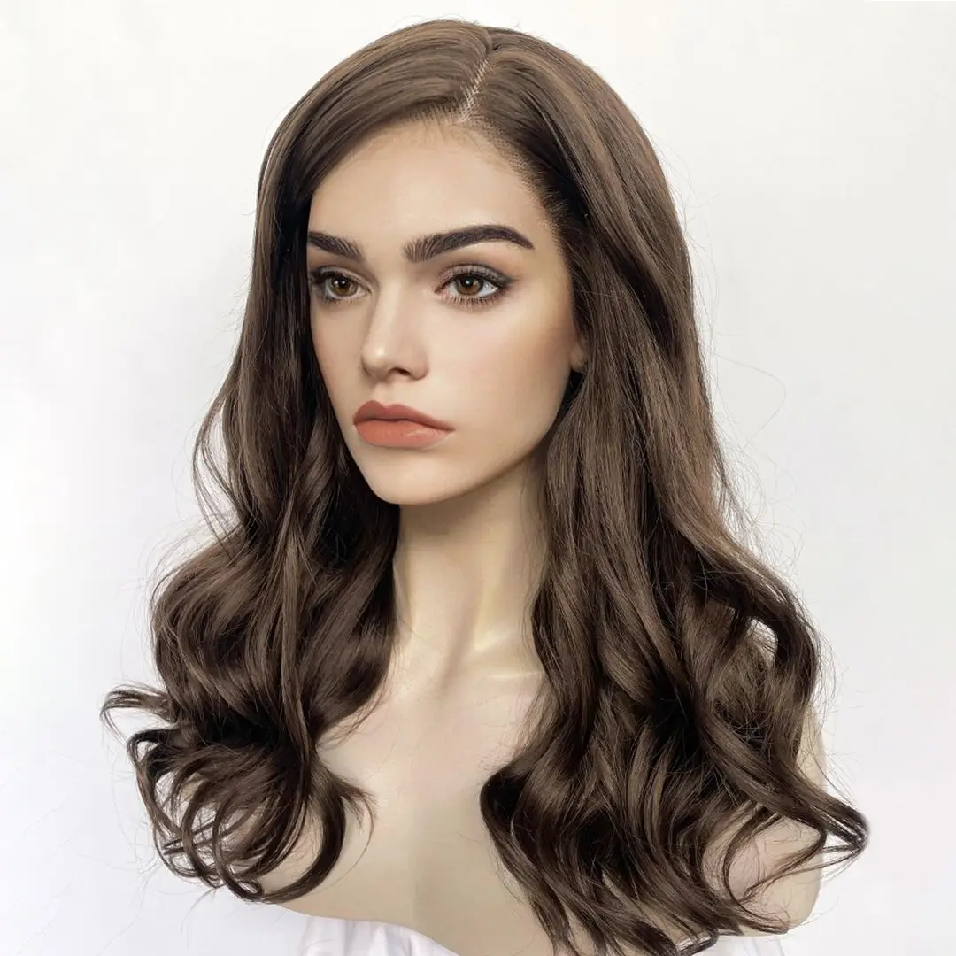 Side Part Cool Brown 20Inch Long Water Wave 13x4 Transparent Lace Front Synthetic Hair Wigs for Women Glueless Dark Brown Wigs