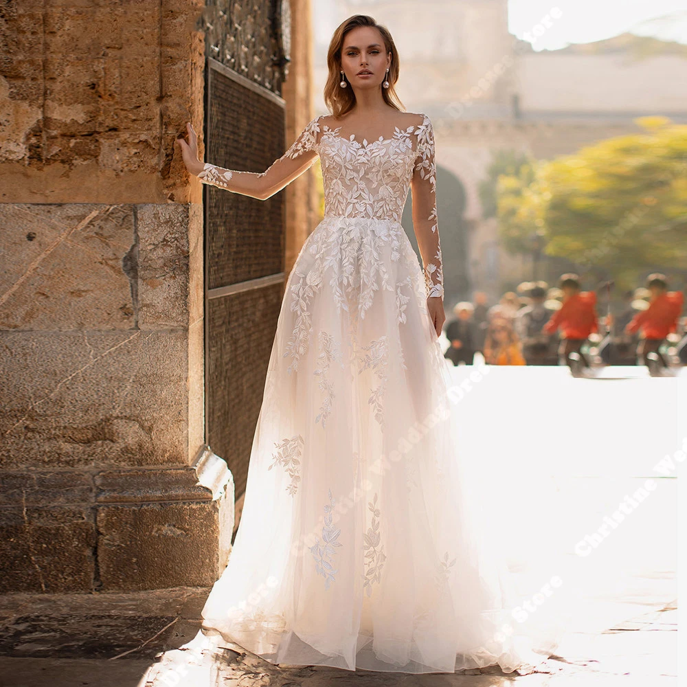 Lange Ärmel Brautkleider für Frauen neue Spitze Aufkleber Brautkleider elegante Wisch länge Bohemian Lady Vestidos de Novia