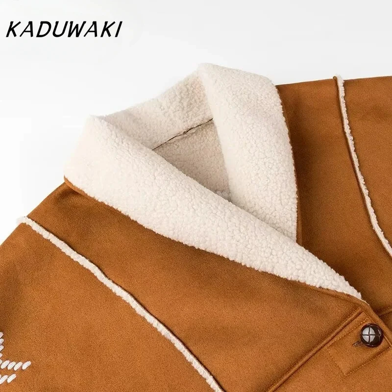 KADUWAKI Retro Autumn/Winter Lapel Long-sleeved Printed Jacket Casual Splicing Color Collision Lamb Wool Gingerbread Man Jackets