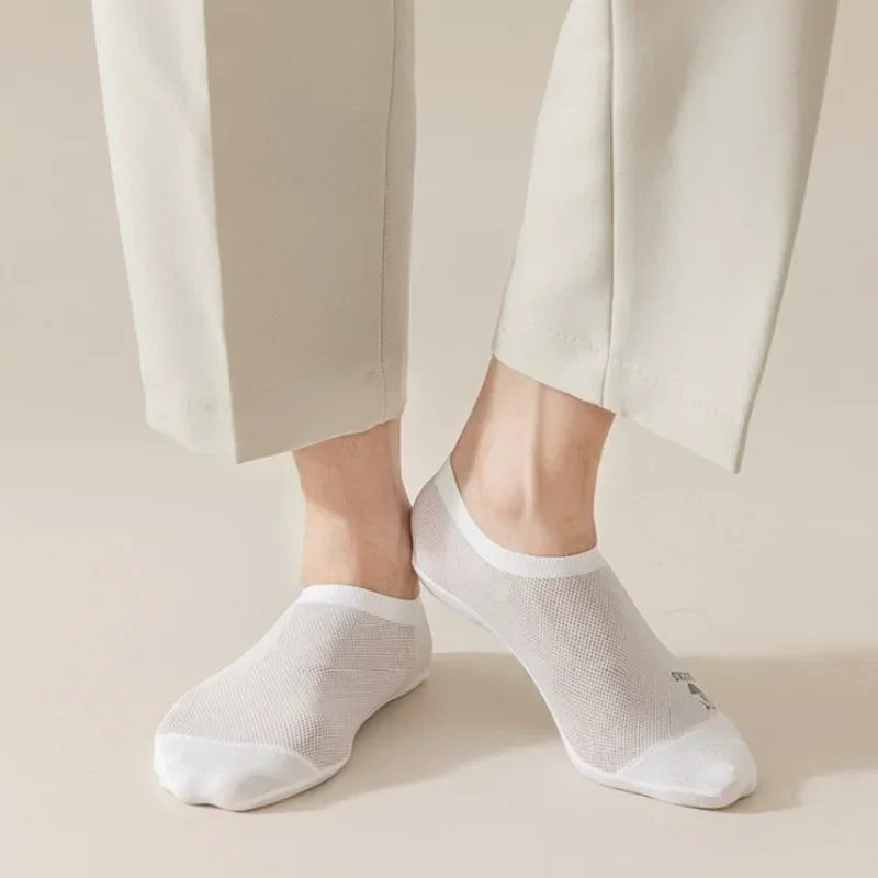 Summer Mesh Breathable Ice Silk White Sock Slippers Mens Invisible No Show Socks Silicone Non-slip Low Cut Ankle Boat Stockings