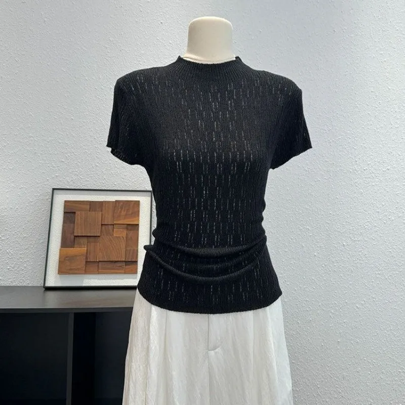Knit T Shirt For Women Spring Summer Hollow Out Slim Fit Ropa De Mujer Half High Collar Korean Fashion Versatile Short Tees