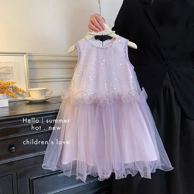 Girls' mesh princess 2026 summer dress sleeveless vest children's stylish new dress