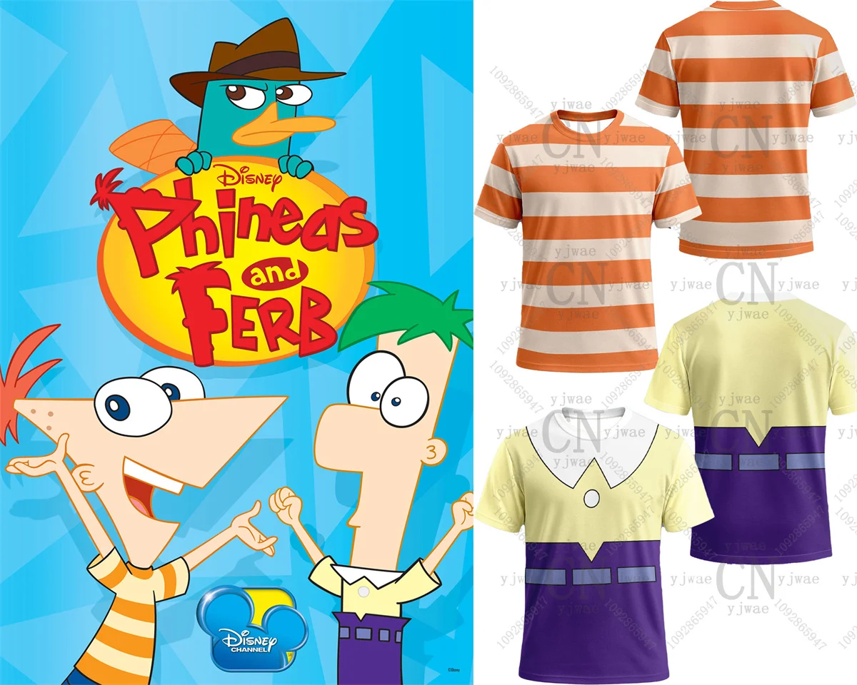 Camiseta de Personagens Phineas Ferb Candace Perry para Cosplay, Estampa Gráfica 2D de Desenho Animado, Manga Curta, Infantil e Adulto