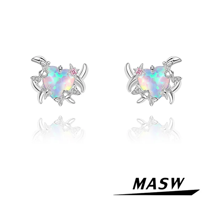 MASW Original Design Sweet Temperament Thick Silver Color Sparkling Heart Earrings For Girl Women Party Wedding Gift Jewelry