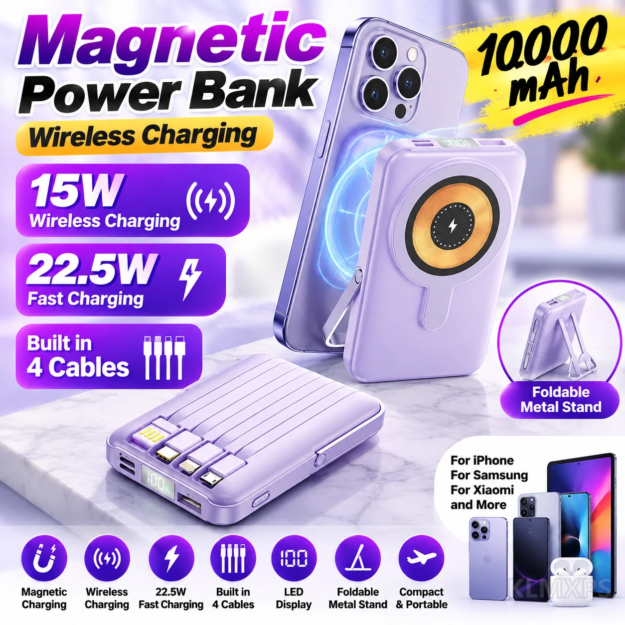 Magnetic Wireless Power Bank 20000mAh 22.5W Fast Charging Portable Charger with Cable Stand For iPhone 17, Samsung, Xiaomi