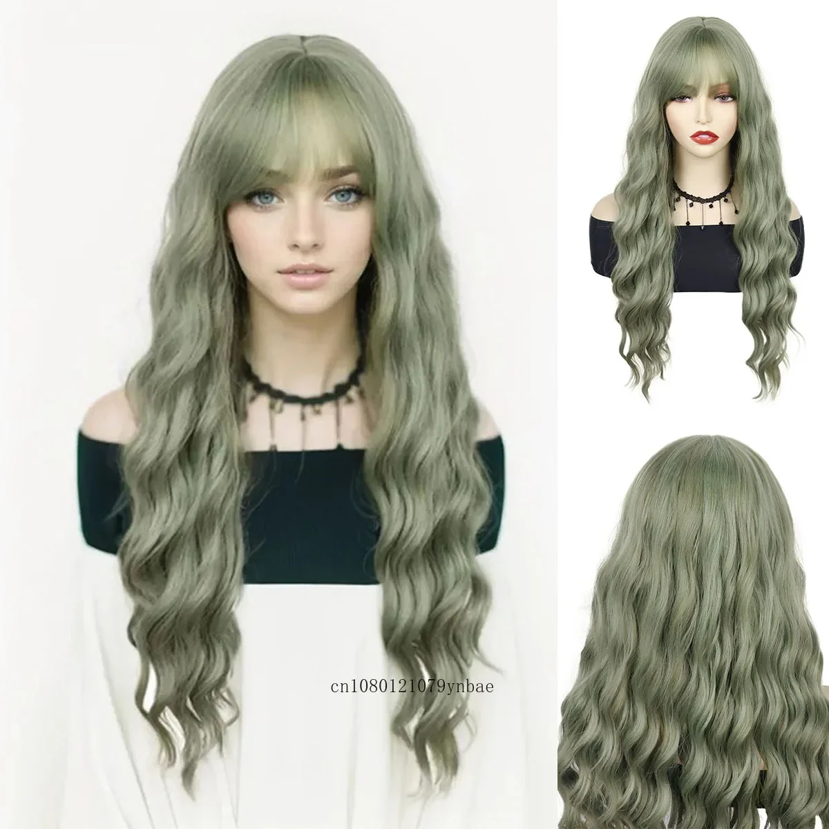 Halloween Cosplay Synthetic Long Water Wavy Wig with Bangs for Women Ladies Anime Cyan Blue Wigs Costume Party Christmas Use