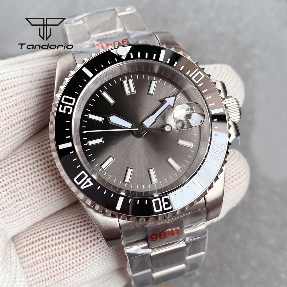 Tandorio Gray Sunburst Automatic NH35 Date Men\'s 40mm Mechanical Watch Sapphire Dive Stainless Steel Wristwatch Luminous Sterile