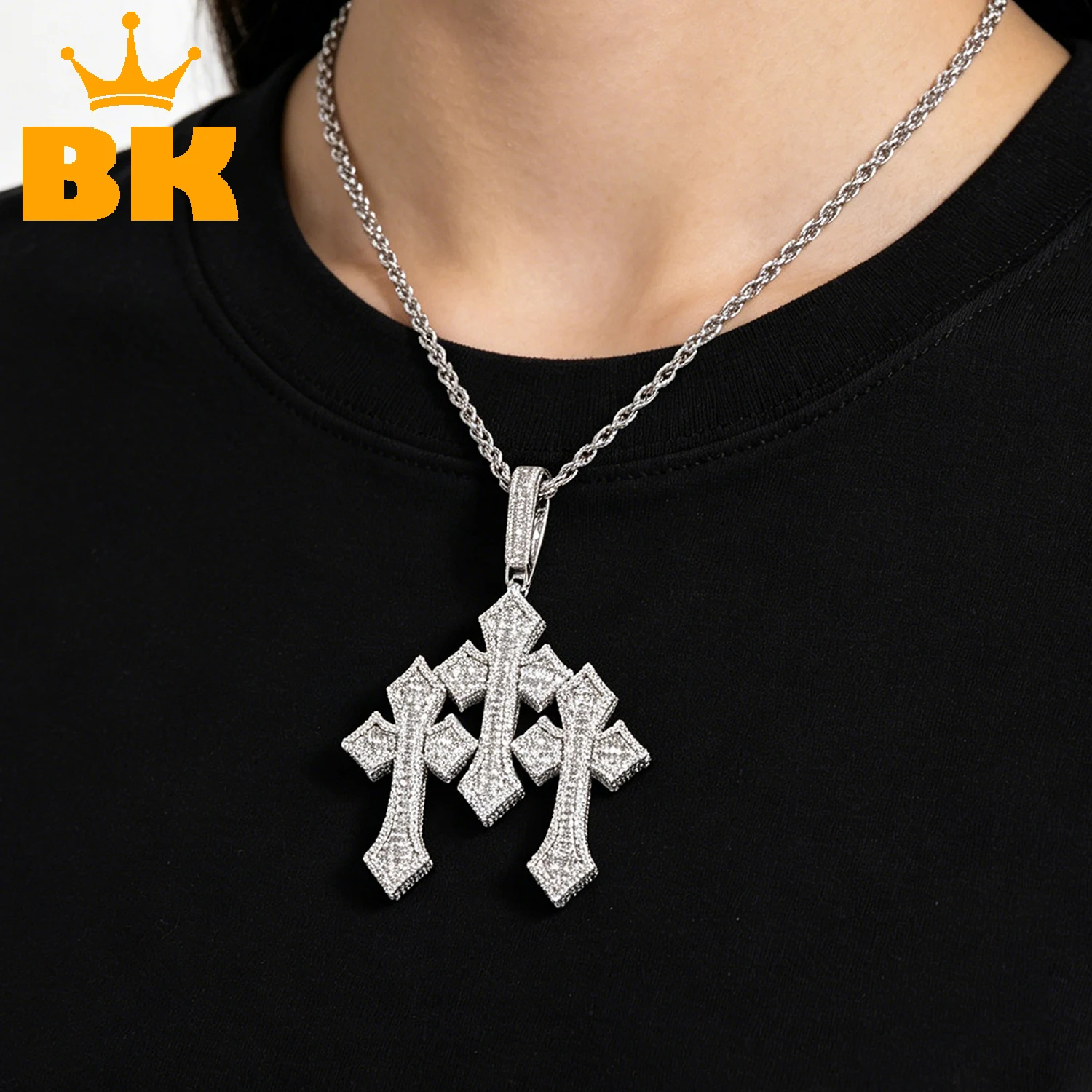 Collar con Colgante de Tres Cruces THE BLING KING para Hombre y Mujer, con Micro Pavé de Circonitas Cúbicas Baguette, Estilo Punk, Hip Hop, Joyería para Raperos