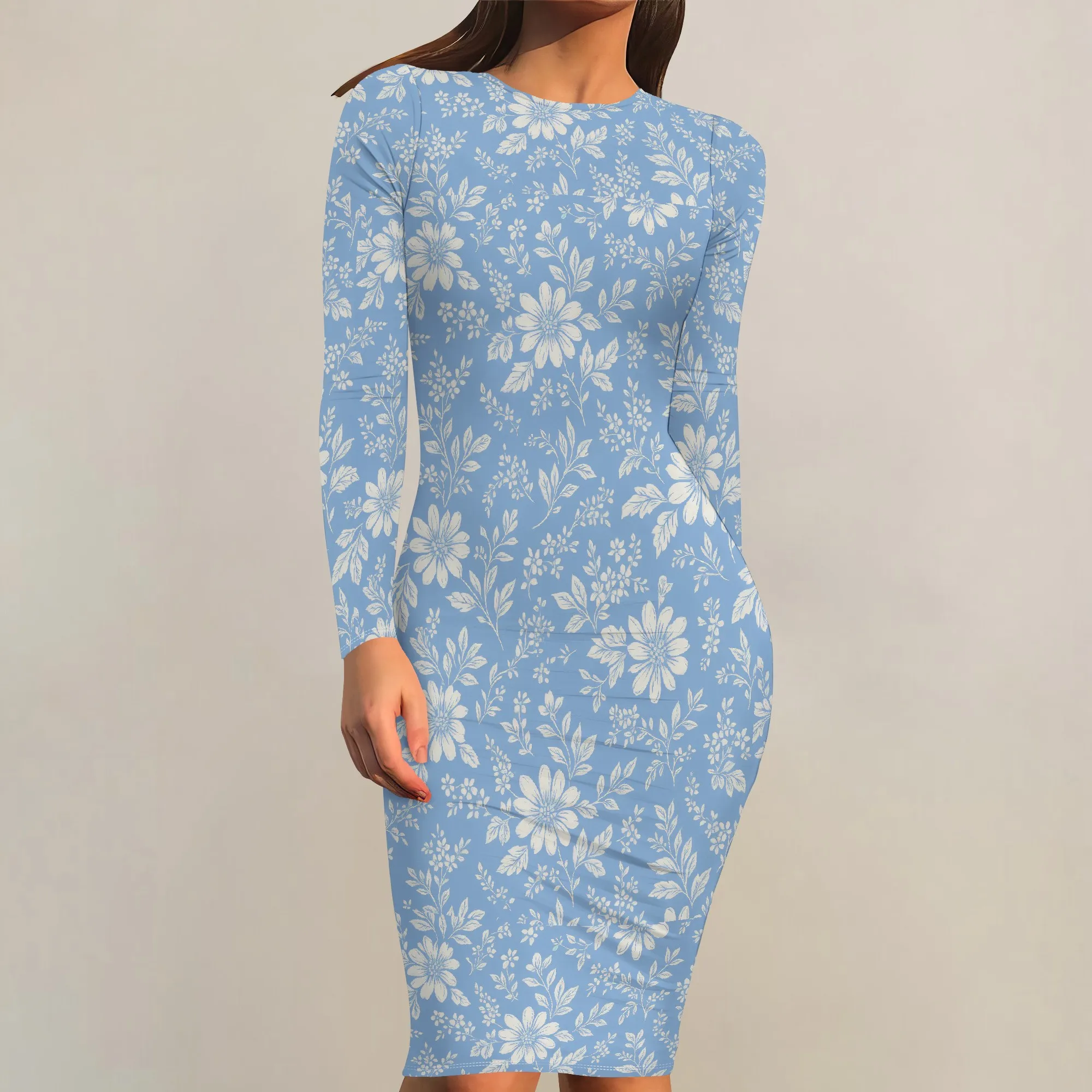 فساتين Bodycon للنساء بأكمام طويلة، فستان متوسط الطول مثير برقبة دائرية، فستان أساسي للحفلات غير رسمي