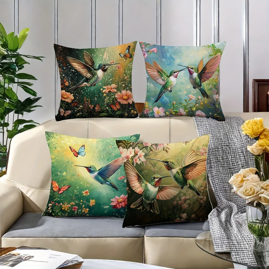 Hummingbird Flower pattern Double-sided Printed pillow cover Short plush Suitable living room bedrooms sofas throw cushion cover