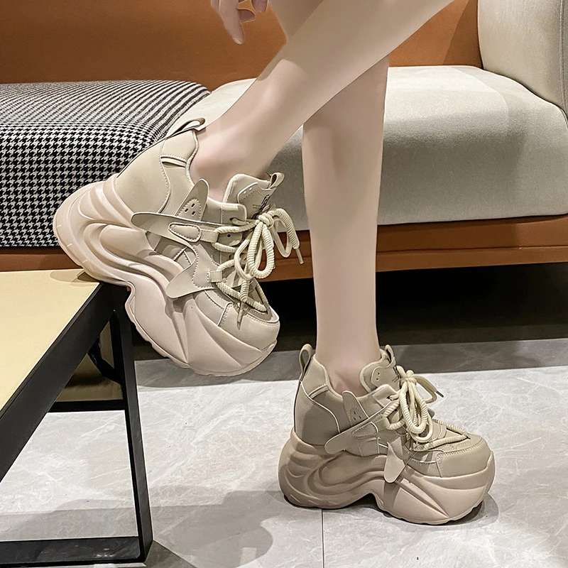 Autumn Winter Warm Chunky Sneakers Women Lace Up Platform Sports Shoes Woman Thick Bottom High Heels Female 10CM Wedges Sneakers