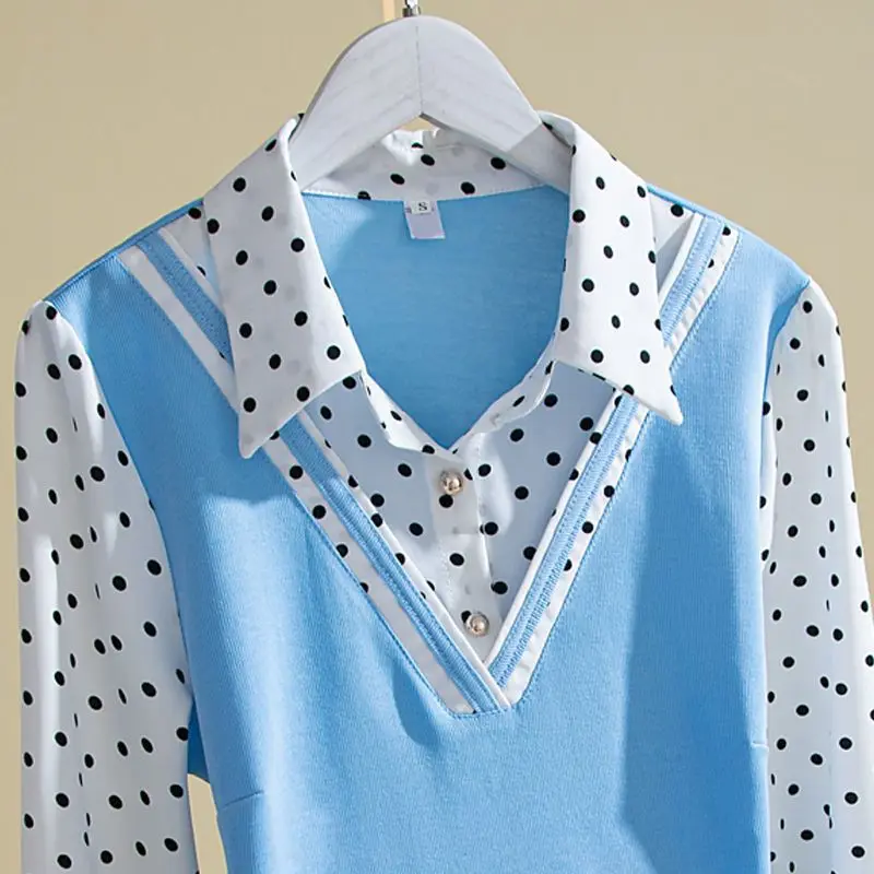 2023 New Fashion Versatile Polka Dot Print Long Sleeve T-Shirt Women Korean Polo-Neck Embroidered Flares Fake Two Pieces Tops