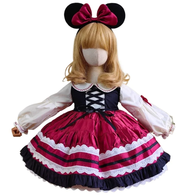 

Kids Girls Sweet Lolita Dress Long Sleeve Peter Pan Collar Lace Ruffle Tiered Princess Dress Cartoon Park Birthday Party Costume