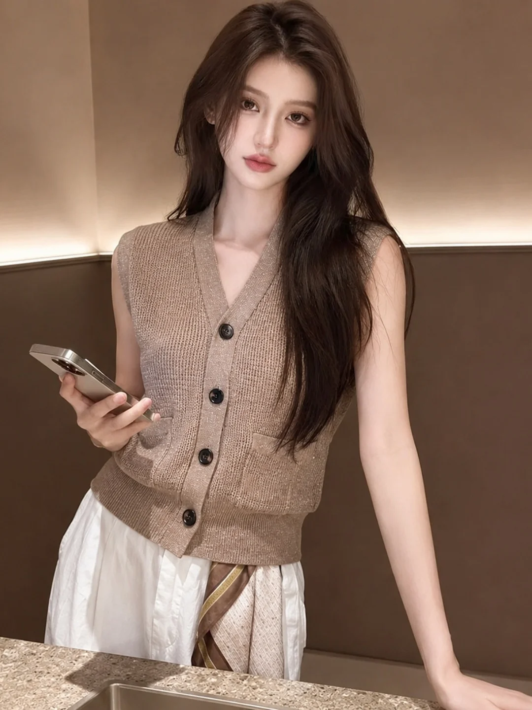 

Elegant V-Neck Ice Silk Knitted Vest Sleeveless Summer Fashion Women's Slimming Top Luxury Style Straight Cut Button Detail