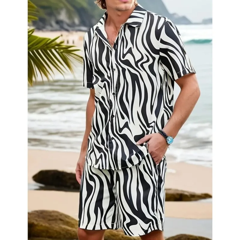 

Casual Summer Shirt For Everyday Men Hawaiian Outdoor Shorts For Men Gradient Print Short-sleeved Shirt And Beach Shorts Set