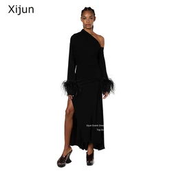 Xijun Black Feather Evening Dresses One Shoulder Formal Prom Dresses Ankle Length Prom Gowns Side Slit Party Gowns Luxury Arabr