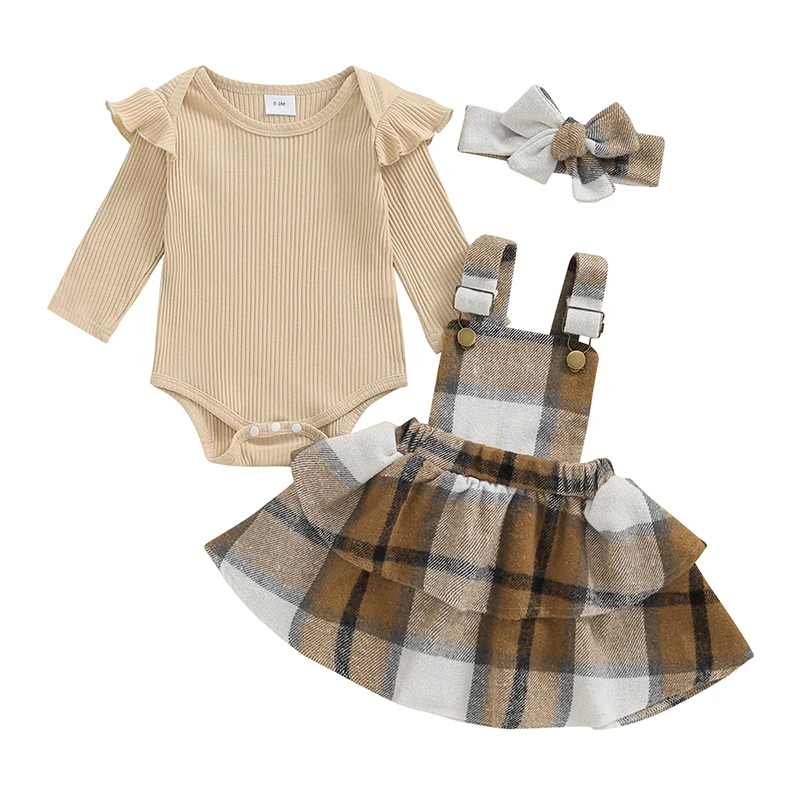 

3-Piece Baby Girls Set Ruffles Long Sleeve Round Neck Romper Plaid Tiered Overall Skirt Hair Band Outfits