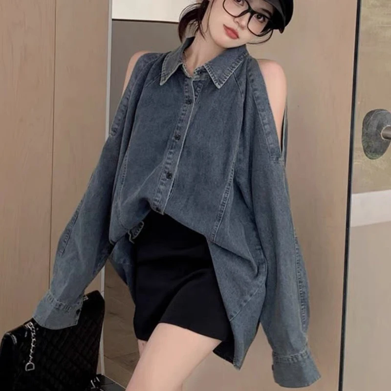 Retro Off Shoulder Denim Shirts Woman 2024 Fashion Single Breasted Mid-Length Coat Women Streetwear Long Sleeve Baggy Blouses