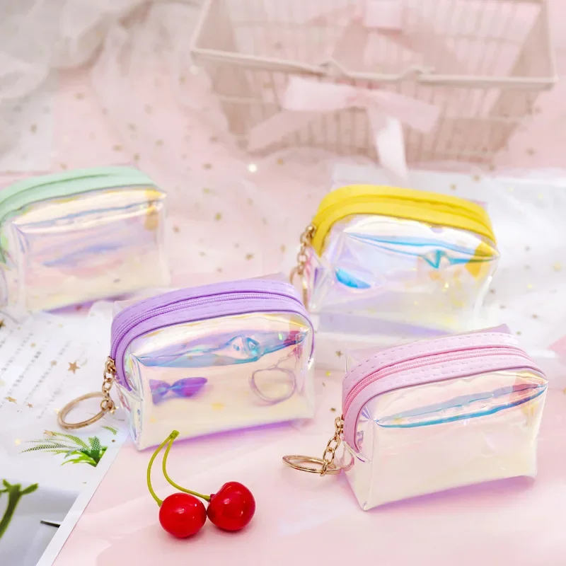 1PC Colorful Mini Wallet Laser Keyring Coin Purse Women Clear Glittering Holder Purse Keys Pouch Earphone Storage Bag Wallet