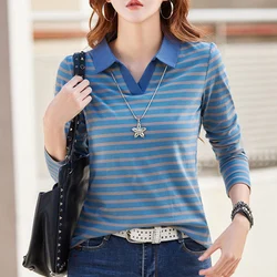 European Station Long sleeved T-shirt Women's Spring and Autumn New High end Light Luxury Fashion Large Size Striped Polo Top