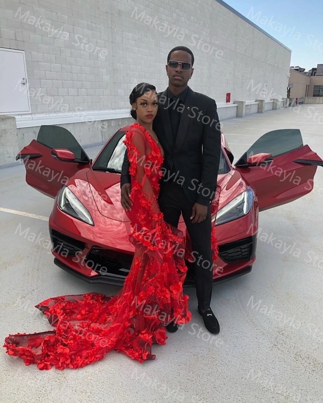 Vestidos de graduación rojos con volantes de sirena, mangas largas, apliques de encaje, tallas grandes, vestidos de novia elegantes para fiesta de boda para mujer africana